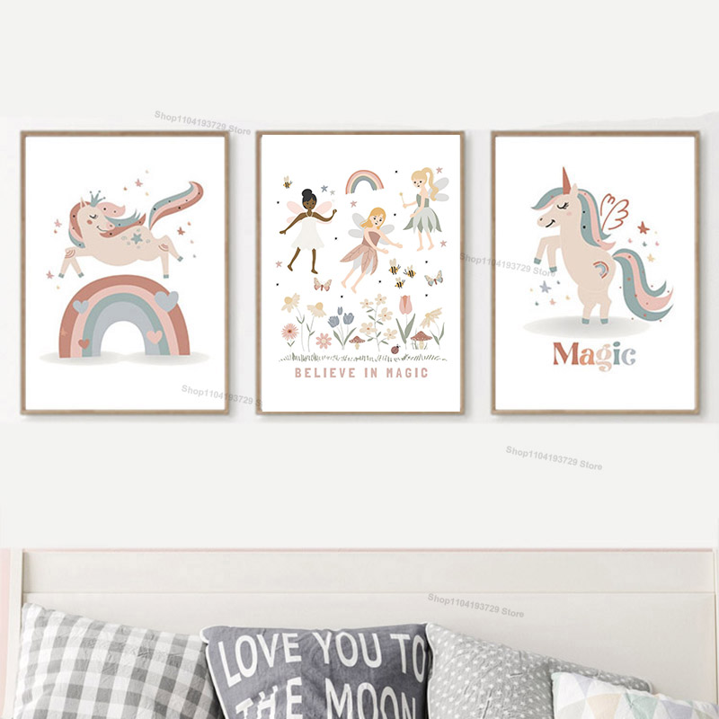 Baby Nursery Decor Girl - Cartoon Girl Princess Unicorn Rainbow Magic