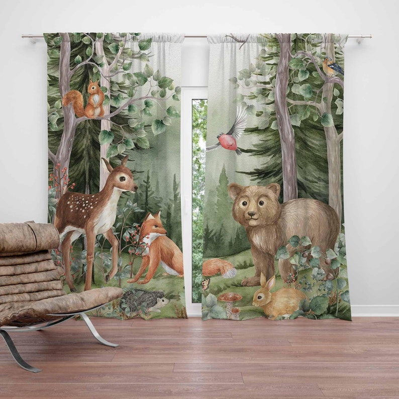 Baby Nursery Office - Woodland Animals Curtains Kids Nursery Black